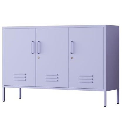 32" Wide 3-Door Lockable Metal Storage Cabinet with Accent Cabinet Locker, Heavy Duty Home Tool Cabinet, 2 Removable Shelves & Easy Assembly, for Home, Office, Entryway and Hallway Purple - color: Lilac, style: Cabinet-32"H-WL