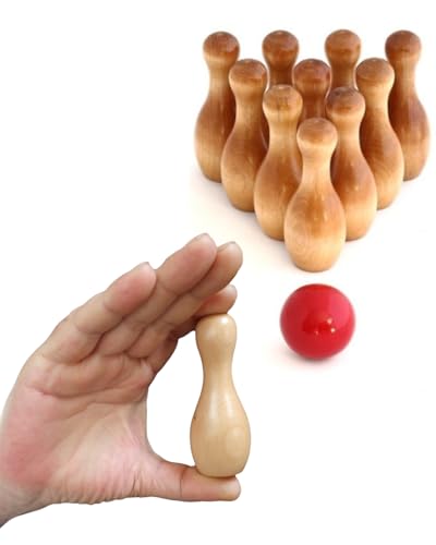 Wooden Shuffleboard Bowling Pin Set with Red Ball – 10-Piece Mini Bowling Pins, Solid Wood Tabletop Game Accessory, 3.8" Tall Pins for Adults and Teens