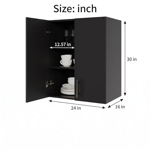 24 x 33 Inch Wall Cabinet set of 2, Kitchen Wall Mounted Wooden Storage Cabinet, Double Door Cabinet with Soft Close, Metal Handle, Adjustable Shelf, for Kitchen, Garage, Laundry, Bathroom, Black - color: Black