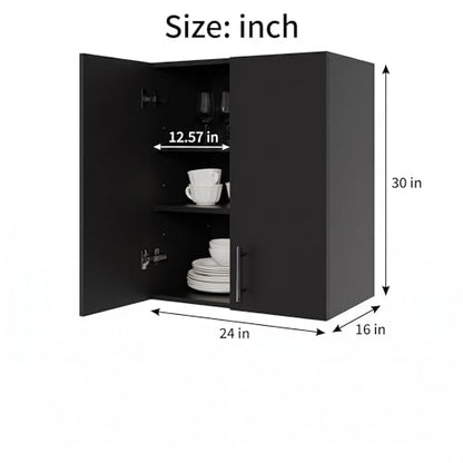 24 x 33 Inch Wall Cabinet set of 2, Kitchen Wall Mounted Wooden Storage Cabinet, Double Door Cabinet with Soft Close, Metal Handle, Adjustable Shelf, for Kitchen, Garage, Laundry, Bathroom, Black - color: Black