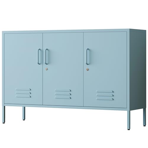 32" Wide 3-Door Lockable Metal Storage Cabinet with Accent Cabinet Locker, Heavy Duty Home Tool Cabinet, 2 Removable Shelves & Easy Assembly, for Home, Office, Entryway and Hallway Blue - color: Ocean, style: Cabinet-32"H-WL