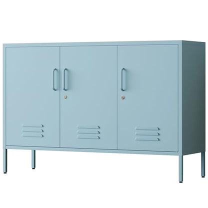 32" Wide 3-Door Lockable Metal Storage Cabinet with Accent Cabinet Locker, Heavy Duty Home Tool Cabinet, 2 Removable Shelves & Easy Assembly, for Home, Office, Entryway and Hallway Blue - color: Ocean, style: Cabinet-32"H-WL