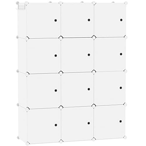 C&AHOME Cube Storage Organizer with Doors, 12-Cube Shelves, Closet Cabinet, DIY Plastic Modular Bookshelf Ideal for Home, Living Room, 36.6”L x 12.4”W x 48.4”H Milky USHS3012M-DOOR - color: Milky