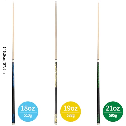 LOTKEY Pool Cue Sticks for Adults,Super Straightened Up 58'' 18 19 20 21oz Billiard Cues Canadian Maple Tacos De Billar Profesional Set of 4/3/2/1 House Bar Pool Que Table Beginner Pool Queue - color: 3 Set(18oz Blue, 19oz Yellow, 21oz Green)