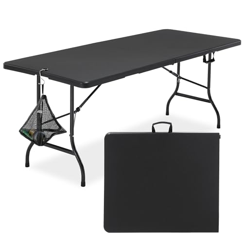 VECELO 6 ft Picini Table with Thickened Top | Removable Mesh Bag | Strong Side Support, 500lbs Weight Capacity Folding Table, Indoor & Outdoor, with Carrying Handle,Black - color: Black