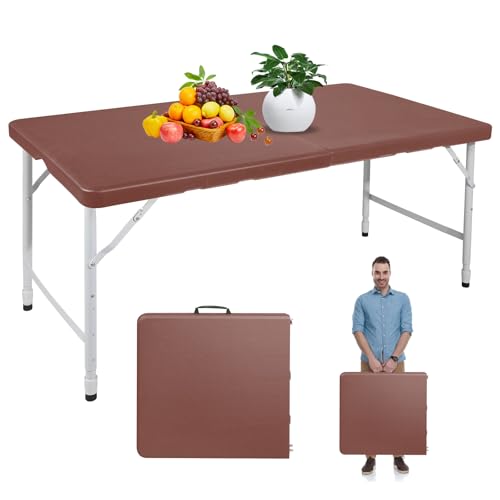 Portable 4Ft Folding Table, Heavy Duty Plastic Fold-in-Half Utility Foldable Table, Adjustable Height Plastic Folding Table with Carrying Handle for Camping &Party Indoor/Outdoor (Brown) - color: Brown, size: 4Ft