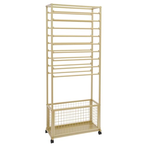 JenyunTech 20 Tier Ribbon Organizer, Double-Sided Flower Cart Display Stand, Multifunctional Display Shelf with Wheels and Storage Basket for Wrapping Paper, Scarves, Shawls - color: 20-Tier, 26in, Gold