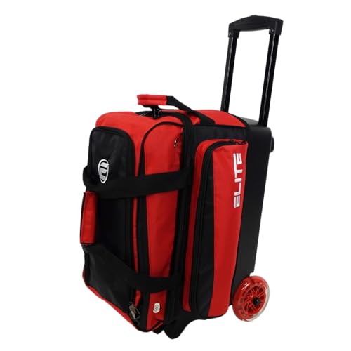 ELITE Deluxe 2 Ball Bowling Bag with 5" Smooth Wheels - Large Accessory Pocket, Shoe Compartment, 36" Extendable Handle - color: Red