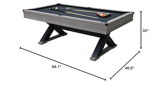 84" Professional Pool Table Set with X-Base - with 2 Cues, Billiard Balls, Chalk, X-Legs, Brush & Triangle Rack - Premium Black Felt, Heavy-Duty Rustic Grey Wood for Game Room/Man Cave