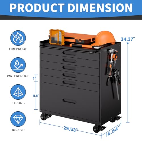 Metal Garage Storage Cabinet with Wheels, Rolling Tool Cabinet with 6 Drawers, Heavy Duty Tool Cabinet with Workbench, Assembly Required, Black - color: Black, style: 6 Drawers