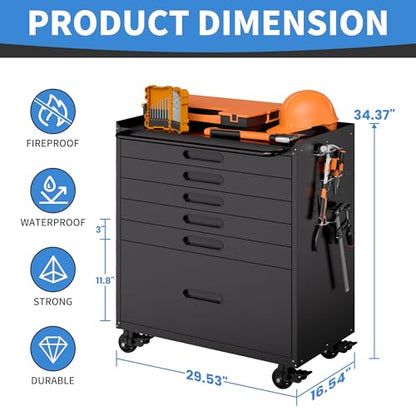Metal Garage Storage Cabinet with Wheels, Rolling Tool Cabinet with 6 Drawers, Heavy Duty Tool Cabinet with Workbench, Assembly Required, Black - color: Black, style: 6 Drawers