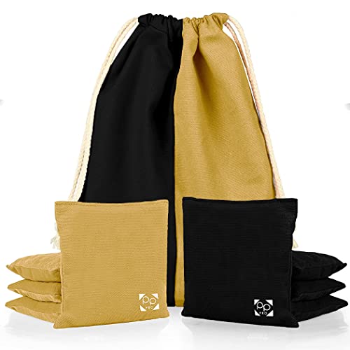 Professional Cornhole Bags - Set of 8 Regulation All Weather Double Sided - Sticky Side/Slick Side Bean Bags for Pro Corn Hole Game - color: Gold & Black