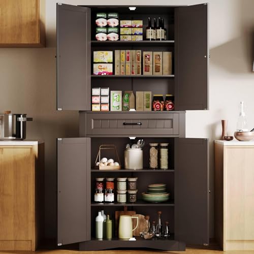 Gizoon 71'' Kitchen Pantry Storage Cabinet, Freestanding Pantry Organizers and Storage Cabinet with 4 Doors and 4 Adjustable Shelves, Tall Cabinet with Large Drawer for Kitchen, Living Room, Bathroom - color: Dark Brown