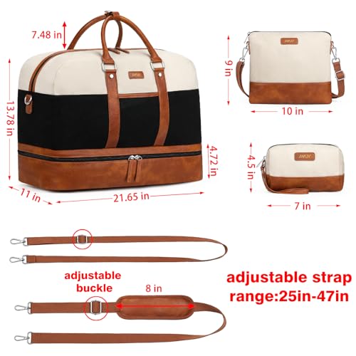 Weekender Bag for Women, Large Overnight Bag Canvas Travel Duffel Bag Carry On Tote with Shoe Compartment 21" 3Pcs Set - color: A11-brown+beige+black