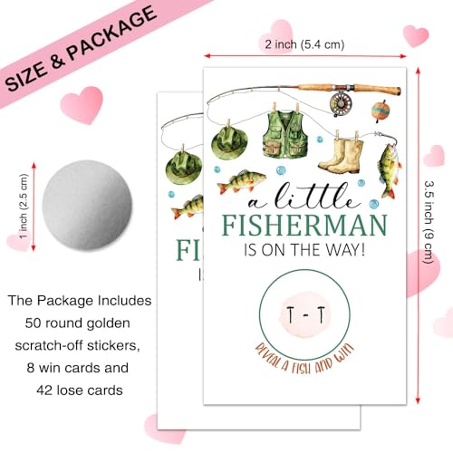 50 Pcs A Little Fisherman Is On The Way Birthday Scratch off Game Cards, Party Raffle Game Prizes for Fishing Baby Shower, Party Game Vouchers for Teens Adults Fishing Lover Family - color: White
