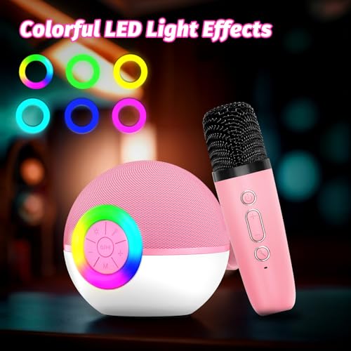 goopow Mini Karaoke Machine Speaker for Kids Adults, Portable Bluetooth Microphone Song Toys with LED Light, Best Chritmas Birthday Festival Gift for 3 4 5 6 7 8+ Year Old Girls Boys (Pink-2MIC) - color: Pink-2Mic