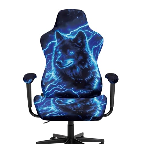 Blue Lightning Wolf Gaming Chair Cover with Armrest Covers Anti Cat Scratch Furniture Protector Universal Stretchable Fit High Back Spandex Rotating Boss Chair Slipcovers, 4Pc/Set - color: Blue Lightning Wolf