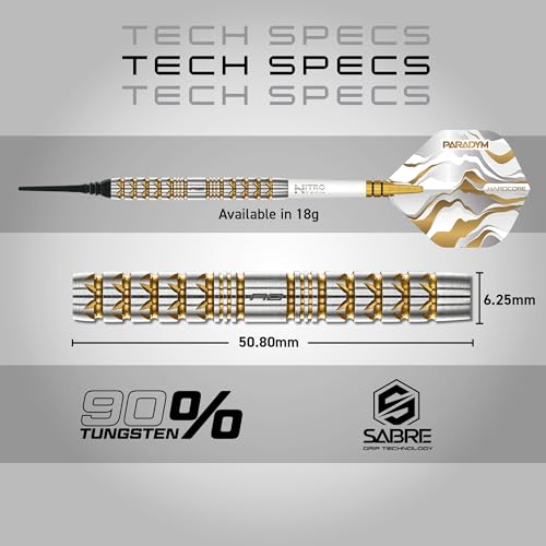 RED DRAGON Darts - Paradym Gold Series - 18g Barrel/ 20g Full Weight - Professional Soft Tip Darts Set - 90% Tungsten Parallel Barrel - Includes Dart Flights & Stems - Professional Dart Set