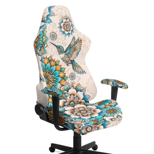 Hummingbird Print Gaming Chair Covers Slipcovers with Armrest Covers Boho Mandala Flower Print Office Desk Chair Cover Scratch Proof Anti-Dust Universal Fit - color: Brown - Hummingbird Boho Mandala Flower