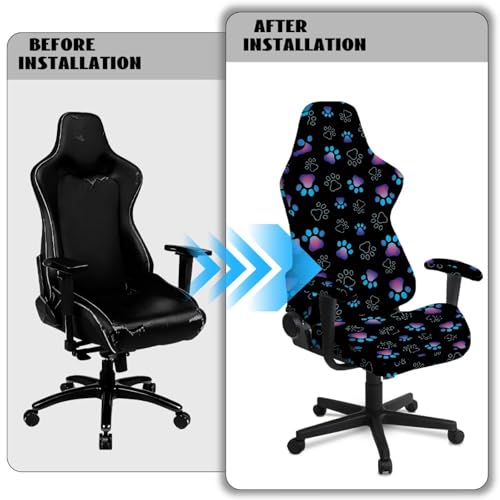 Suobstales Dog Paw Pattern Gaming Chair Cover with Armrest Cover, Cat Scratch Proof Jacquard Soft Spandex Gaming Chair Slipcovers with Arms Cover for Racing Office Computer Reclining Chairs - color: Dog Paw
