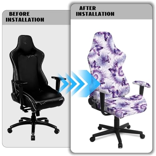 Butterfly Print Gaming Chair Covers Slipcovers with Armrest Covers Tie Dye Print Computer & Gaming Chair Slipcover Universal Fit for Desk/Swivel/Rotating Chairs Protector - color: Purple and White - Butterfly Tie Dye