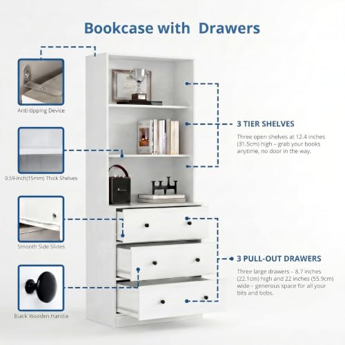 TUSY 71" H Bookshelf with Storage, 6-Tier Modern Bookshelves with 3 Large Drawer, Display Bookcase with Glass Doors, Modern 5-Tier Curio Cabinet for Home Office, Dining Room (White, AB) - color: White
