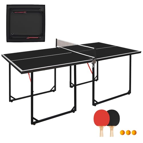 6ft Mid-Size Table Tennis Table – Foldable & Portable Ping Pong Table Set for Indoor & Outdoor Games with Net, 2 Paddles, 3 Balls (Black Tabletop)