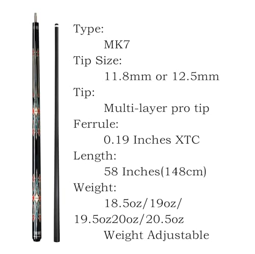 Carbon Fiber Pool Cue,11.8mm/12.5mm Low Deflection Cue Stick,Professional Pool Stick with Case - color: MK7+Extension, size: 11.8mm
