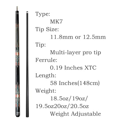 Carbon Fiber Pool Cue,11.8mm/12.5mm Low Deflection Cue Stick,Professional Pool Stick with Case - color: MK7+Extension, size: 11.8mm