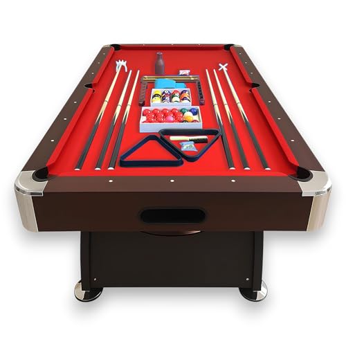 8 Foot Pool Table Modern Billiard Table with Red Felt, Automatic Ball Return and Accessories - Vintage Red