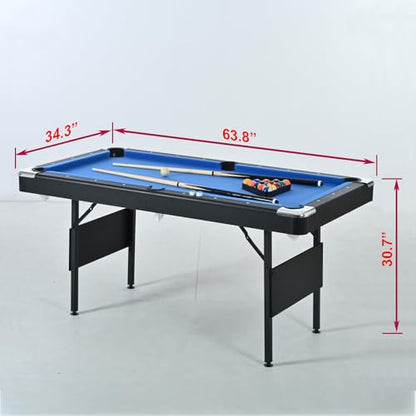 5.3 FT Pool Table Portable Foldable Billiards Table for Kids & Adults with with Balls, Cues, Chalk, Rack & Brush, Compact Space-Saving Game Table for Family Game Room & Office - color: Black+Blue