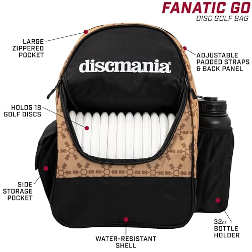 Discmania Fanatic Go Disc Golf Backpack | 18 Capacity + Top Pocket for 2 Putters | Lightweight, Durable Disc Golf Bag | Tall Side Pocket, Bottle Holder | Padded Straps & Water-Resistant Shell - color: Sand