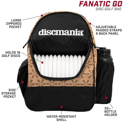 Discmania Fanatic Go Disc Golf Backpack | 18 Capacity + Top Pocket for 2 Putters | Lightweight, Durable Disc Golf Bag | Tall Side Pocket, Bottle Holder | Padded Straps & Water-Resistant Shell - color: Sand