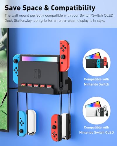 Wall Mount for Nintendo Switch 1 and Switch OLED, Metal Wall Mount Shelf Kit with 5 Game Card Holders and 4 Joy Con Hooks, Safely Store Switch Console Near or Behind TV, Black - color: Black