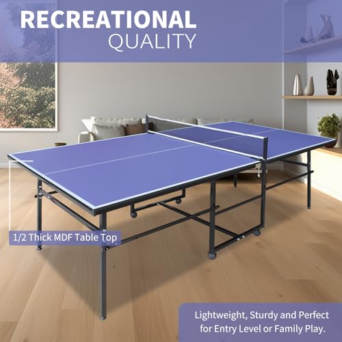 Ping Pong Table Foldable Indoor 8/8.5/9FT Single Player Playback Mode Game Set with Paddles and Balls - color: Blue-8.5x4.3FT