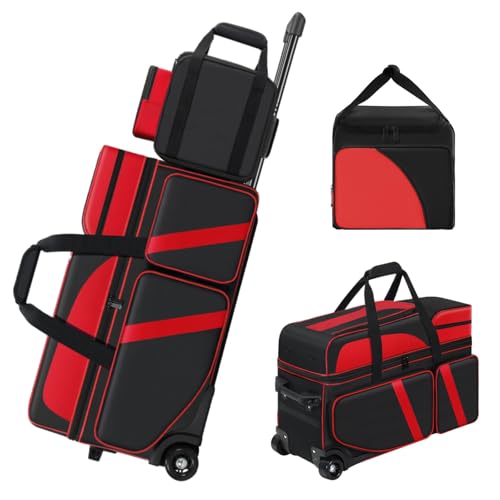 4 Ball Bowling Bags with Wheels, Bowling Ball Bag with Multi-Pockets,4 Ball Bowling Bag with Secure Buckle Fixed Ball Cup & Shoe Compartment,3 Ball Bowling Bag+1 Ball Color Matching Add On Tote - color: red 3+1