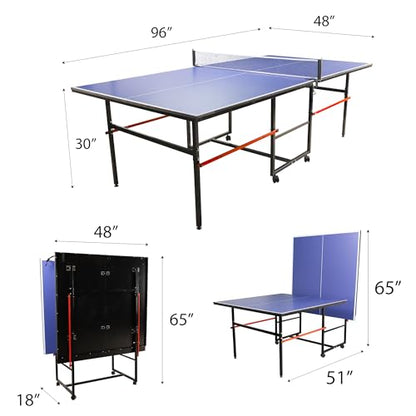 8FT Table Tennis Table with Net, Indoor/Outdoor Professional Ping Pong Table for Kids Adults, Folding Ping Pong Table, Complete Set with Paddles and Balls, School Playground Game Table - color: New Blue