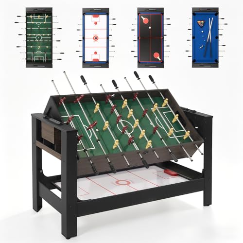 RAYKEEP 54" 4-in-1 Swivel Multi-Game Table -Combo Game Table Set for Kids, Adults - Indoor and Outdoor Arcade Sports Table - Air Hockey, Billiards, Foosball, Ping Pong for Home, Game Room - color: Grey-brown wood grain