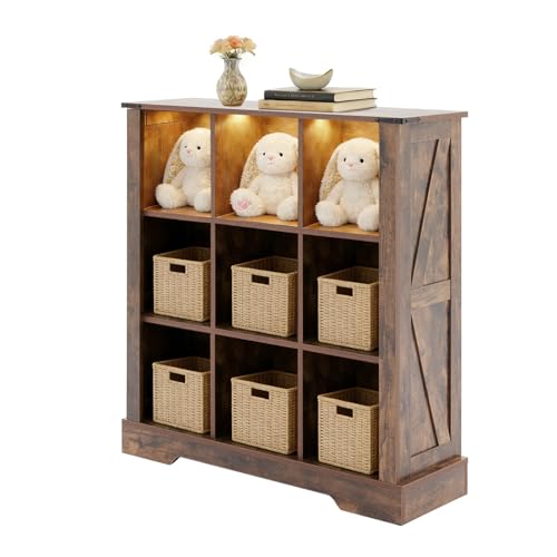 9 Cube Storage Organizer with LED Lights, Wooden Cube Bookcase with Back Panel, Brown Cube Shelf Freestanding Bookshelf, Hallway TV Stand for Living Room, Bedroom, Office - color: Brown, size: 9-cube