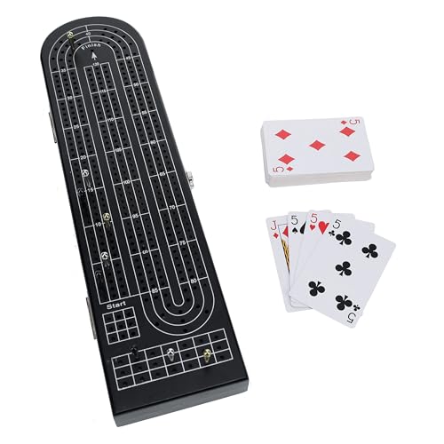 Pacific Shore Games Wooden Cribbage Board Game Set, Black Stained Continuous 3 Track for 2-3 Players with Card Storage - color: Black