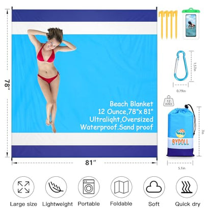 BYDOLL Beach Blanket Waterproof Sandproof Large Sand Free,78''X81''/10'X9' Oversized Sandless Lightweight Blanket Picnic Mat for Beach Travel Camping Hiking with Stakes - color: Blue White, size: 78"X81"