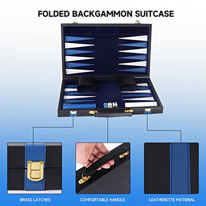 GSE Premium Leather Backgammon Board Game Set, Black&Blue, Medium | Premium Leather, Travel Folding Board, Classic Game Set, Leather Case Included - color: Leather-black&blue, size: Medium