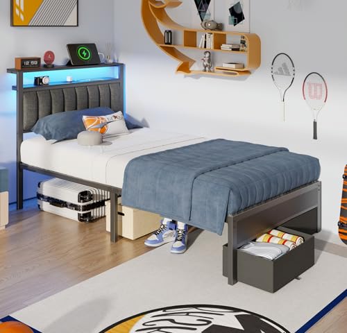 Furnulem Twin Bed Frames with Charging Station and LED Lights, Grey Upholstered Headboard with Shelves, Metal Platform Bed with 2 Under-Bed Storage (Fabric Drawer on Wheels), No Box Spring Needed - size: Twin