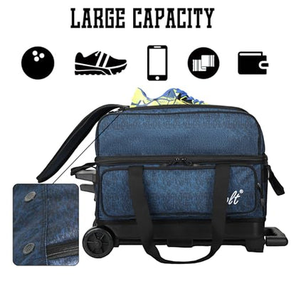 WOLT Double Roller 2 Ball Bowling Bag with Separate Shoe Compartment, Large Capacity Bowling Ball Bag with Accessory Pocket, Retractable Handle Extends to 40" - color: HealthBlue