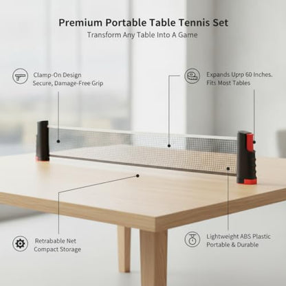 Retractable Table Tennis Net and Post Set, Clamp-On Ping Pong Net for Flat Surfaces, Portable ABS Plastic Game Accessory - color: Gold