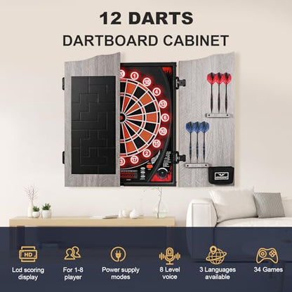 Electronic Dart Board Cabinet, Soft Tip Dartboard Cabinet Set for Adults, LED Scoring Dartboard with 34 Games & 355 Variants, Up to 8 Players, 12 Darts, 50 Tips, Wall Mount for Bar Game Room Man Cave