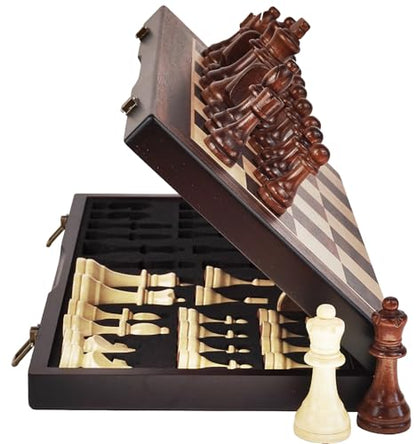 15" Magnetic Wooden Chess Set - Large Folding Portable Travel Chess Board - Hand Carved Pieces - Foam Storage Slots - 2 Extra Queens - Tournament and Beginner Play - Adults and Kids - size: 15"