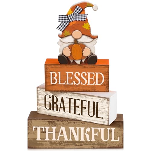 Lineshading 4 Pcs Wooden Farmhouse Tabletop Decor Rustic Home Tiered Tray Decor Decorative Farmhouse Table Decoration Home Block Signs Gift(Blessed Gnome) - style: Blessed Gnome