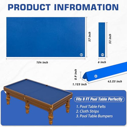 Pool Table Felt Replacement Kits for Billiard Cloth with Staple Remover and 6 Pcs Cloth Strips - color: Blue, size: 8FT + 42'' Bumpers