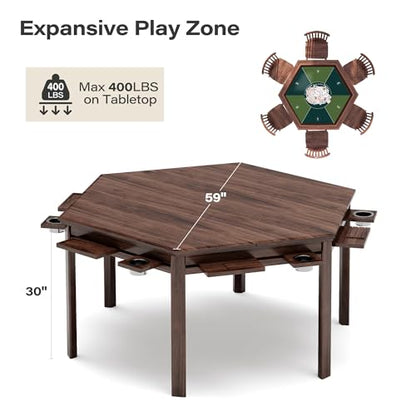 LAUSAINT HOME Board Game Table, 59" Hexagon Gaming Table with Removable Table Top & Play Mat for 6 Players, Includes Detachable Cup Holders and Trays for Dining, Card, DND, Poker in Walnut - size: Hex Table